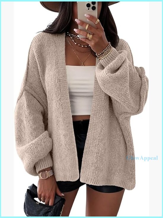 Sweaters - Oversized Chunky Cardigan with Lantern Sleeves, V-Neck, Extra Long Length